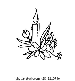 Graphic composition with flowers and a candle. A decorative element for the design. A hand-drawn sketch. Vector doodle illustration