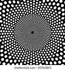 A graphic composition inspired by the pattern of sunflower seeds, tunnel of dots in concentric circles with a small open core.
