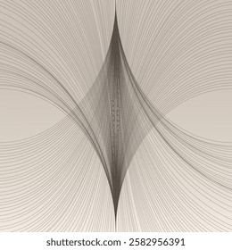 Graphic composition with the intersection of thin curved lines. Pure monochrome, light gradient, strict symmetry. Minimalism and geometric harmony. Vector illustration.