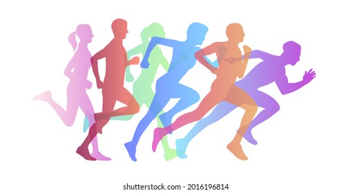Graphic composition of people running maraphone, gradient silhouettes from jogging to speed run