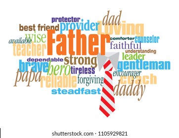 Graphic composition of personality traits of a father.  Art suitable for use as a fun Fathers Day greeting card design or other creative tribute to Dads.