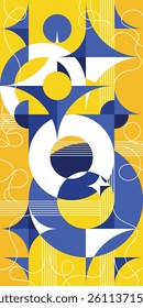 Graphic composition with simple overlaps geometric shapes, circles and stars, abstract banner. Print a sample. Bauhaus style pattern. Vector blue yellow bright colors background