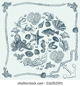 Graphic composition with underwater inhabitants.  Illustration for greeting cards, invitations, and other printing projects.