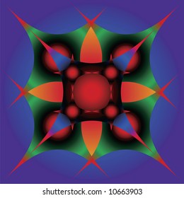 Graphic composition with use of stars, balls, shades on  blue background with  green gradient.