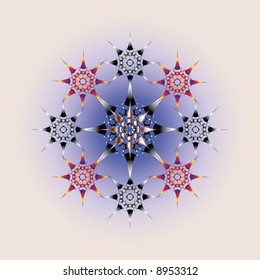 Graphic composition with use of stars, pentagons, shades on a light blue background with a gradient.