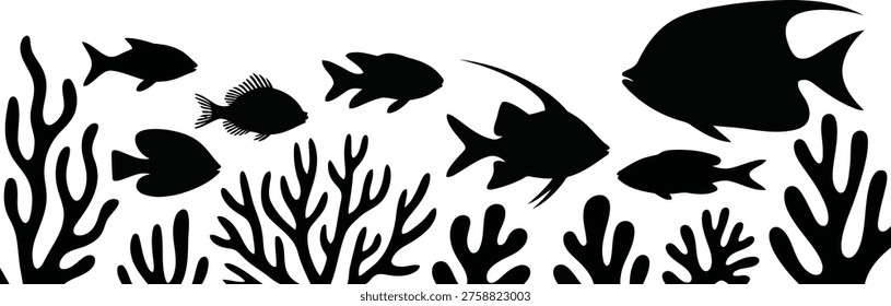 A graphic composition of various ocean fish and underwater plants presented as distinct black silhouettes against a clear white backdrop.