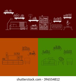 graphic concept home interior design with furniture and decor, banner  for website or header page. sofa bookshelf lamp, in living room flat style vector illustration, plant at house wall