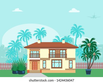 Graphic concept of modern, large, country house on rest with courtyard and palm trees. Flat style Vector illustration