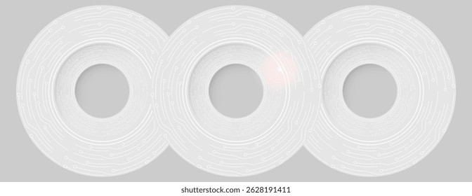 Um gráfico que consiste em três círculos sobrepostos, cada um com um padrão repetitivo de círculos sobrepostos que usa arte e geometria para criar uma imagem que parece mover ou ter dimensão para o olho.
