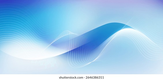 The graphic consists of curves and thin waves that gradually flow from light blue to white and dark blue, both in the background and on the curves, creating a sense of movement and depth.