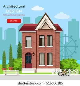 Graphic contemporary luxury house with green yard and city background. European modern architecture. Flat style vector illustration.