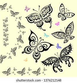 Graphic contour butterflies on a bright orange background