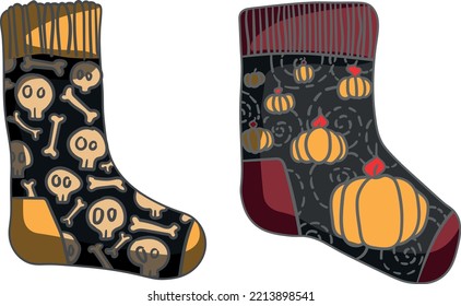 A graphic contour color set of Halloween socks with pumpkins and bones. Vector image for packaging paper, textiles, scrapbooking