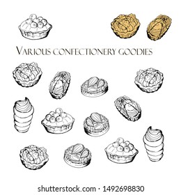 graphic contour drawing of cakes with cream and berries. set of vector isolated elements on white background