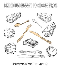 graphic contour drawing of Cutlery, marshmallows and cream cakes . set of vector isolated elements on white background	