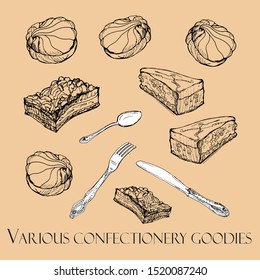 graphic contour drawing of Cutlery, marshmallows and cream cakes . set of vector isolated elements on white background	