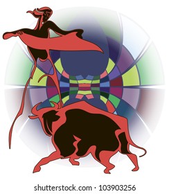 Graphic contour image of a bullfighter and the bull on the bright circus arena