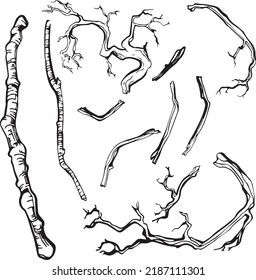 Graphic contour monochrome set of branches and sticks. Vector image for scrapbooking, wallpaper, design