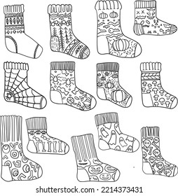 A graphic contour set of Halloween socks with holiday attributes. Vector image for packaging paper, textiles, scrapbooking