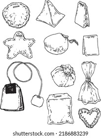 Juego de contorno gráfico de bolsos de té y spa. Imagen vectorial para la reserva de recortes, fondo de pantalla, diseño