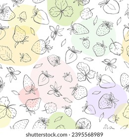 Graphic contour strawberries in vector seamless pattern with colored spots