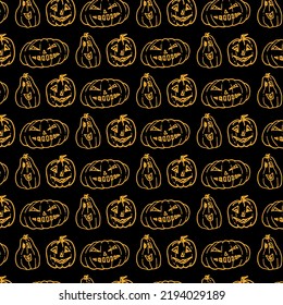Graphic contoured Halloween pattern with carved pumpkins. Vector image for textiles, backgrounds, wallpaper, scrapbooking, holiday