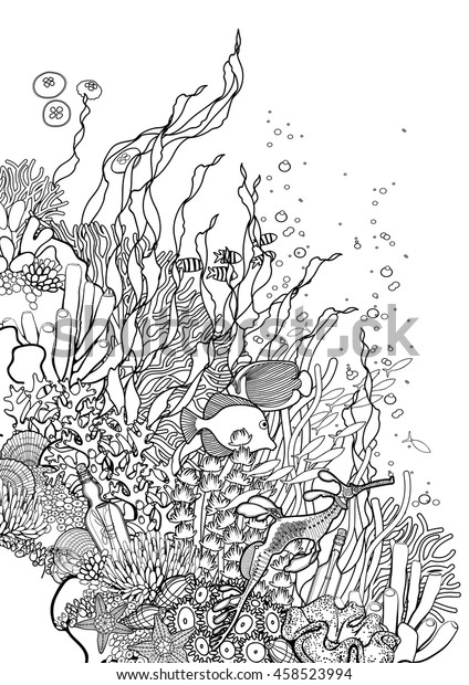 Graphic Coral Reef Drawn Line Art Stock Vector (Royalty Free) 458523994