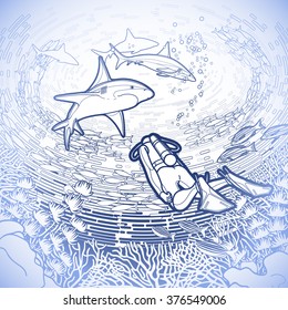Graphic coral reef, scuba divers and sharks under the ocean water surface drawn in line art style. Sea card. Marine vector illustration in blue colors