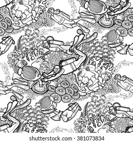 Graphic coral reef and scuba divers drawn in line art style. Marine vector seamless pattern. Coloring book page design for adults and kids