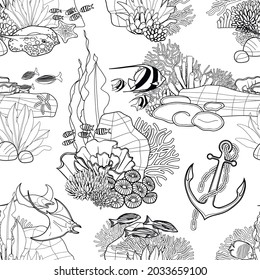Graphic coral reef with various plants and ocean creatures. Vector repeated seamless pattern