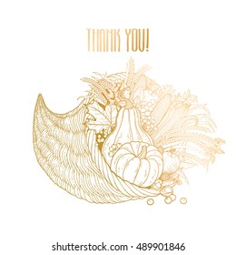 Graphic cornucopia drawn in line art style. Thanksgiving day art. Vector illustration isolated on white background in golden colors.