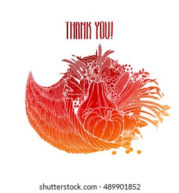 Graphic cornucopia drawn in line art style. Thanksgiving day art. Vector illustration isolated on white background in red colors.