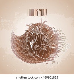 Graphic cornucopia drawn in line art style. Thanksgiving day art. Vector illustration isolated on the vintage background in ocher colors.