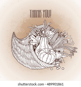 Graphic cornucopia drawn in line art style. Thanksgiving day art. Vector illustration isolated on the vintage background in ocher colors.