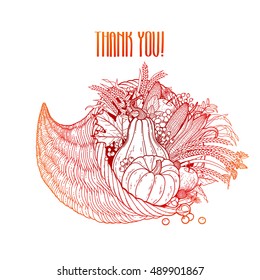 Graphic cornucopia drawn in line art style. Thanksgiving day art. Vector illustration isolated on white background in red colors.