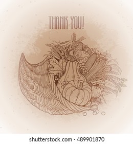 Graphic cornucopia drawn in line art style. Thanksgiving day art. Vector illustration isolated on the vintage background in ocher colors.