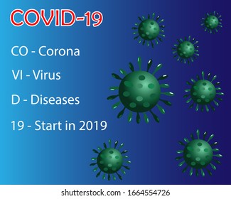 Graphic of coronavirus diseases (COVID-19) with definition of COVID-19, Isolated on gradient blue background. Vector Illustration. Idea for coronavirus outbreak, caution, awareness and prevention.