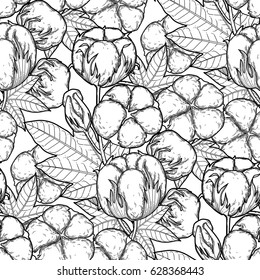 Graphic cotton plants. Vector seamless natural pattern. Coloring book page design for adults and kids