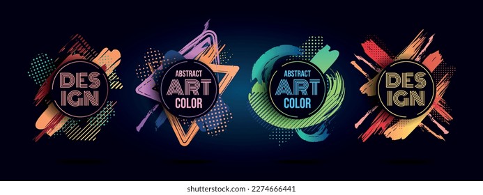 Graphic covers, paint brush frames. Color splash with logo for motivational phrases, ornaments for business brochure or flyer. Round frame, copy space. Vector current modern abstract design