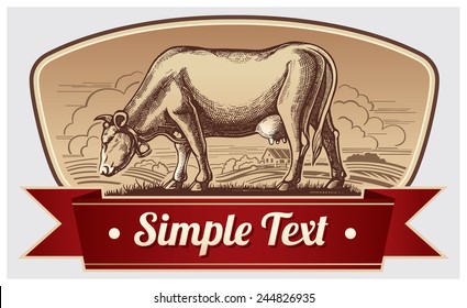 Graphic cow in label design.