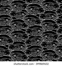 Graphic cramp fish collection drawn in line art style. Vector seamless pattern. Sea and ocean creatures in black and white colors