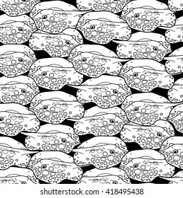 Graphic cramp fish collection drawn in line art style. Vector seamless pattern. Sea and ocean creatures in black and white colors. Coloring book page design