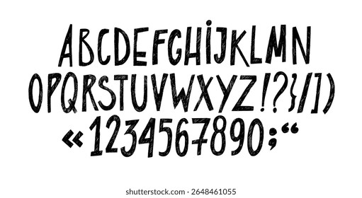 Graphic crayon drawn kids font with numbers. Vector doodle funky playful English alphabet with pencil or chalk texture. Hand drawn scribble chalk font. Kindergarten and school type design.