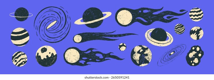 Coleção gráfica de planetas desenhados por giões e cometas. Ícones de galáxia funky infantil com textura de lápis em azul bg. Planetas do sistema solar. Desenhar conjunto de ícones cósmicos do espaço exterior. Ilustração de garoto astronômico.