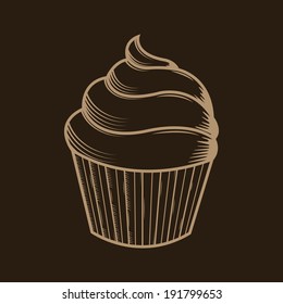 Graphic cream cake isolated on brown background. Beige outlines. Vector Illustration.