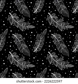 Graphic creative feather seamless pattern. Black and white vector artistic illustration.