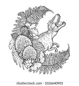 Graphic crescent shaped wreath of prehistoric plants with a snarling T-Rex. Roaring green dinosaur. Vector art drawn in engraving technique. Coloring book page design.