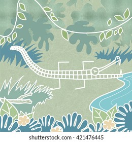 Graphic crocodile/alligator, with it's jaws open, sitting by a pond, surrounded by jungle.
