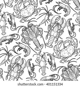 Graphic crustaceans collection drawn in line art style. Sea and ocean creatures isolated on white background. Coloring book page design for adults and kids