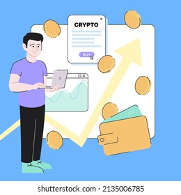 Graphic Cryptocurrency Illustration. Colorful Design, Coins, Wallet, Man with Computer. Vector illustration